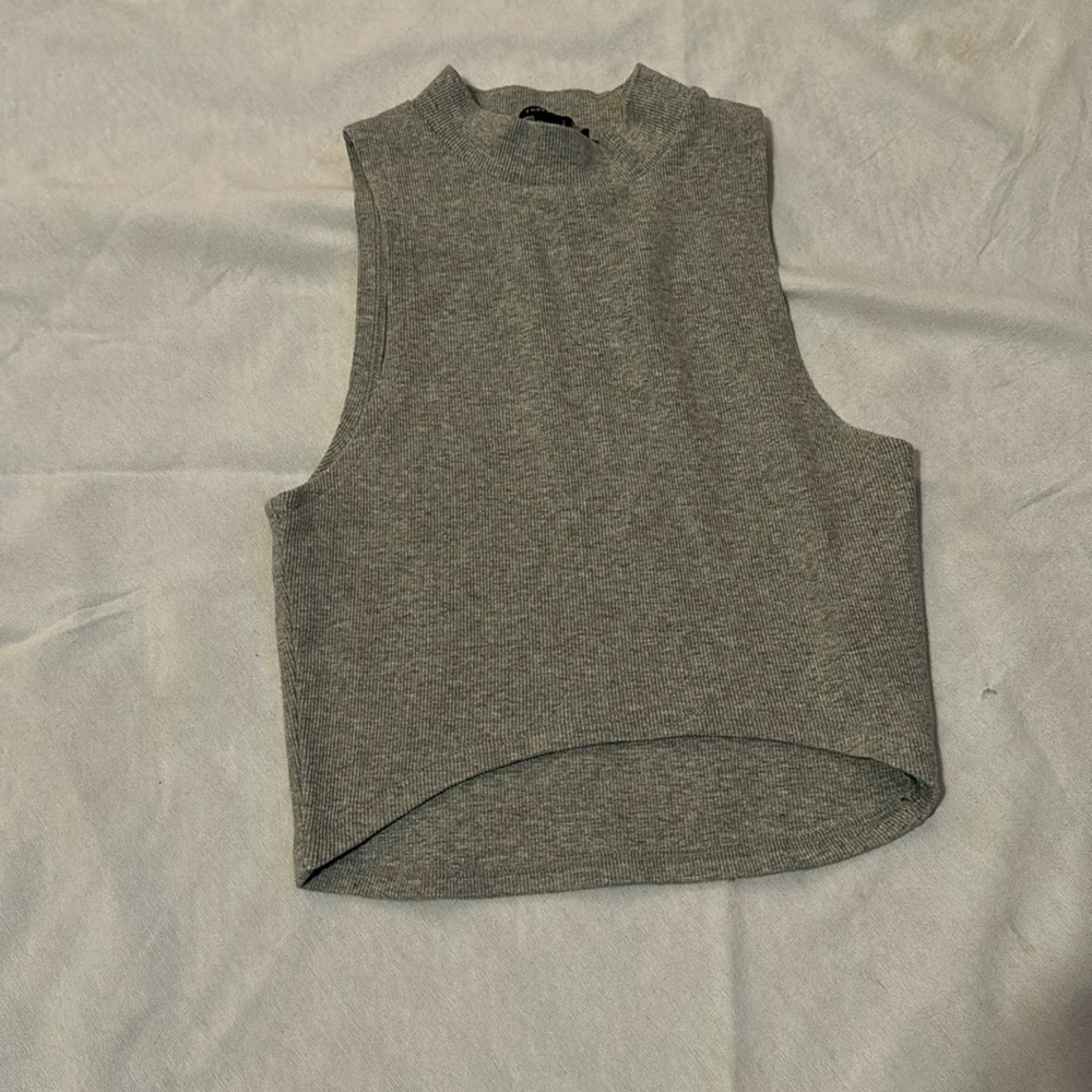 High Neck grey ribbed sleeveless crop top